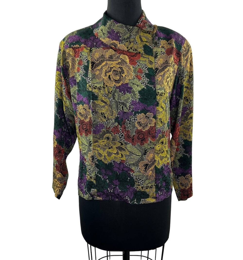 VINTAGE Michi Moon Sanyo Multicolor Shirt Floral Silk Long Sleeve Mock Neck 4